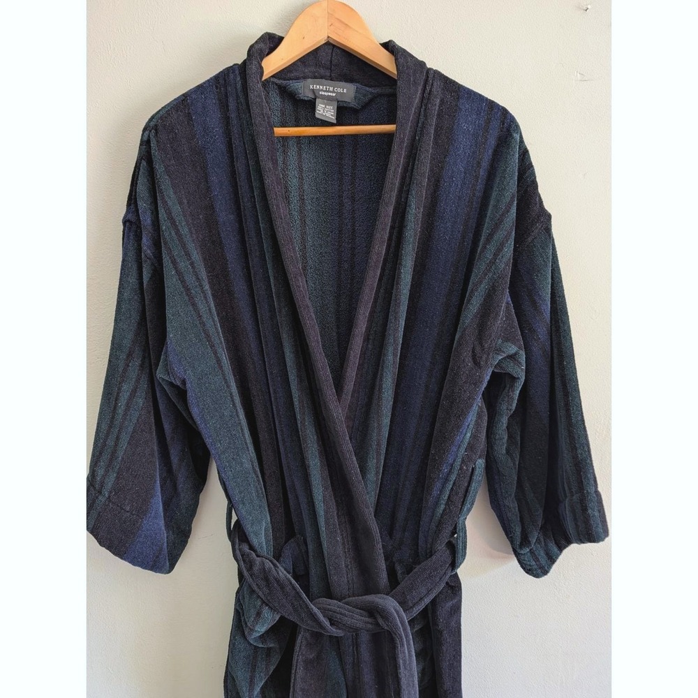 VTG 90s Kenneth Cole Mens Robe Heavyweight Kimono Striped Cotton Terry Cloth OS